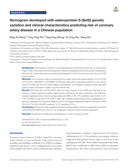 Nomogram Developed with Selenoprotein S (Sels) Genetic Variation and Clinical Characteristics Predicting Risk of Coronary Artery Disease in a Chinese Population