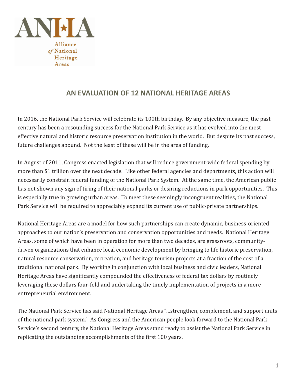 An Evaluation of 12 National Heritage Areas