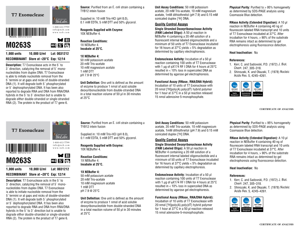 Datasheet for T7 Exonuclease (M0263; Lot 0031212)