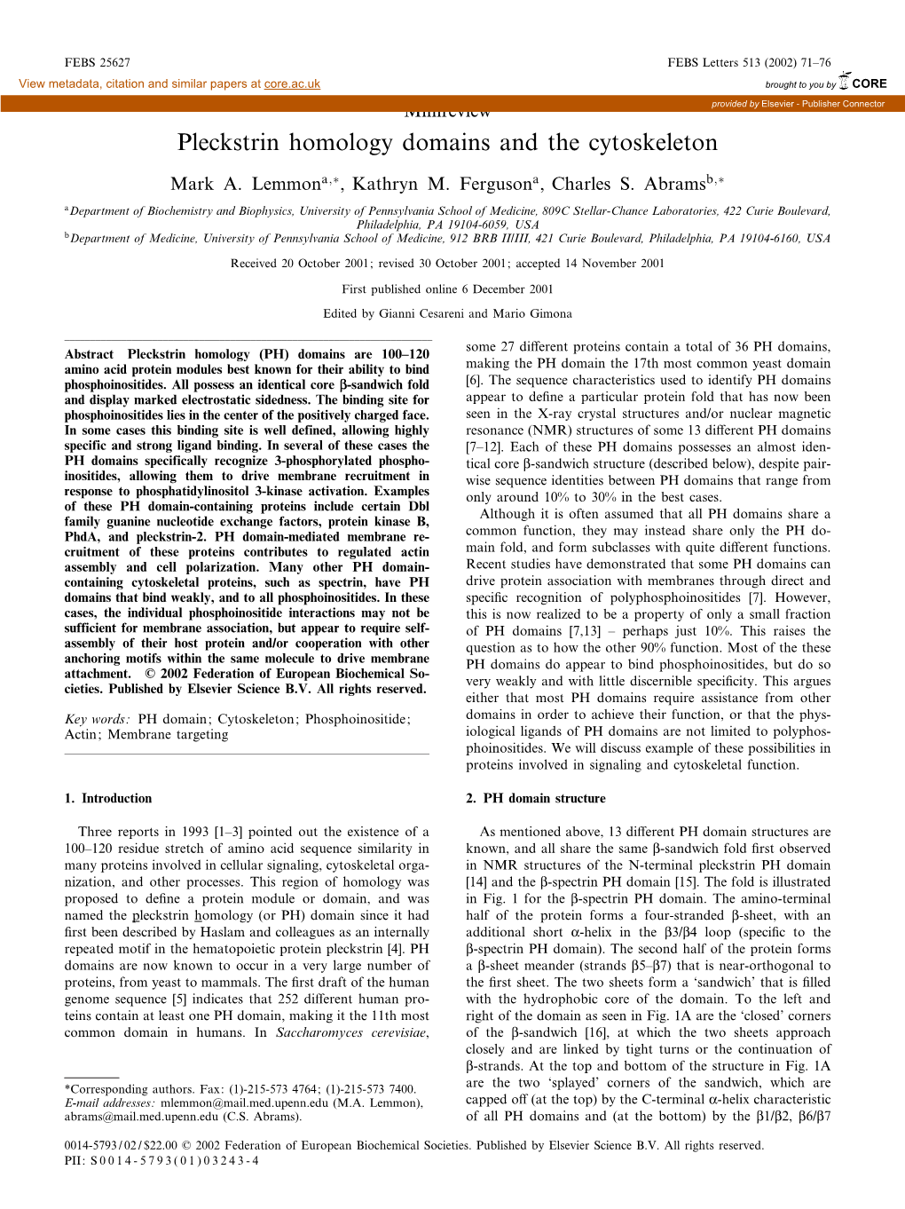 Pleckstrin Homology Domains and the Cytoskeleton