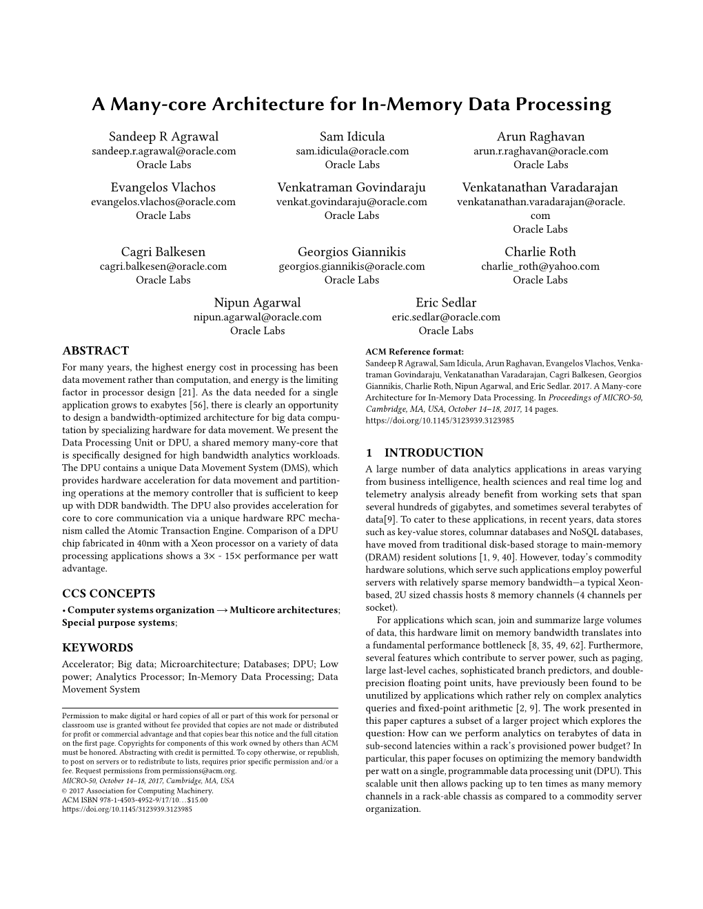 A Many-Core Architecture for In-Memory Data Processing