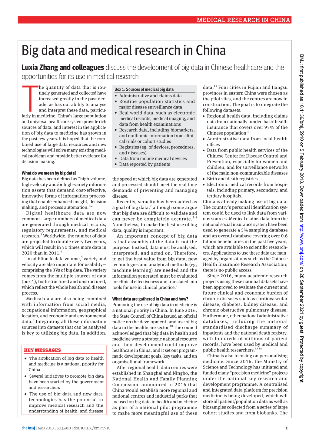 Big Data and Medical Research in China BMJ: First Published As 10.1136/Bmj.J5910 on 5 February 2018