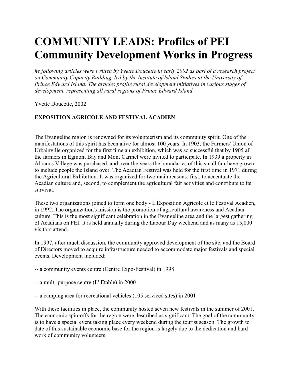 COMMUNITY LEADS: Profiles of PEI Community Development Works in Progress