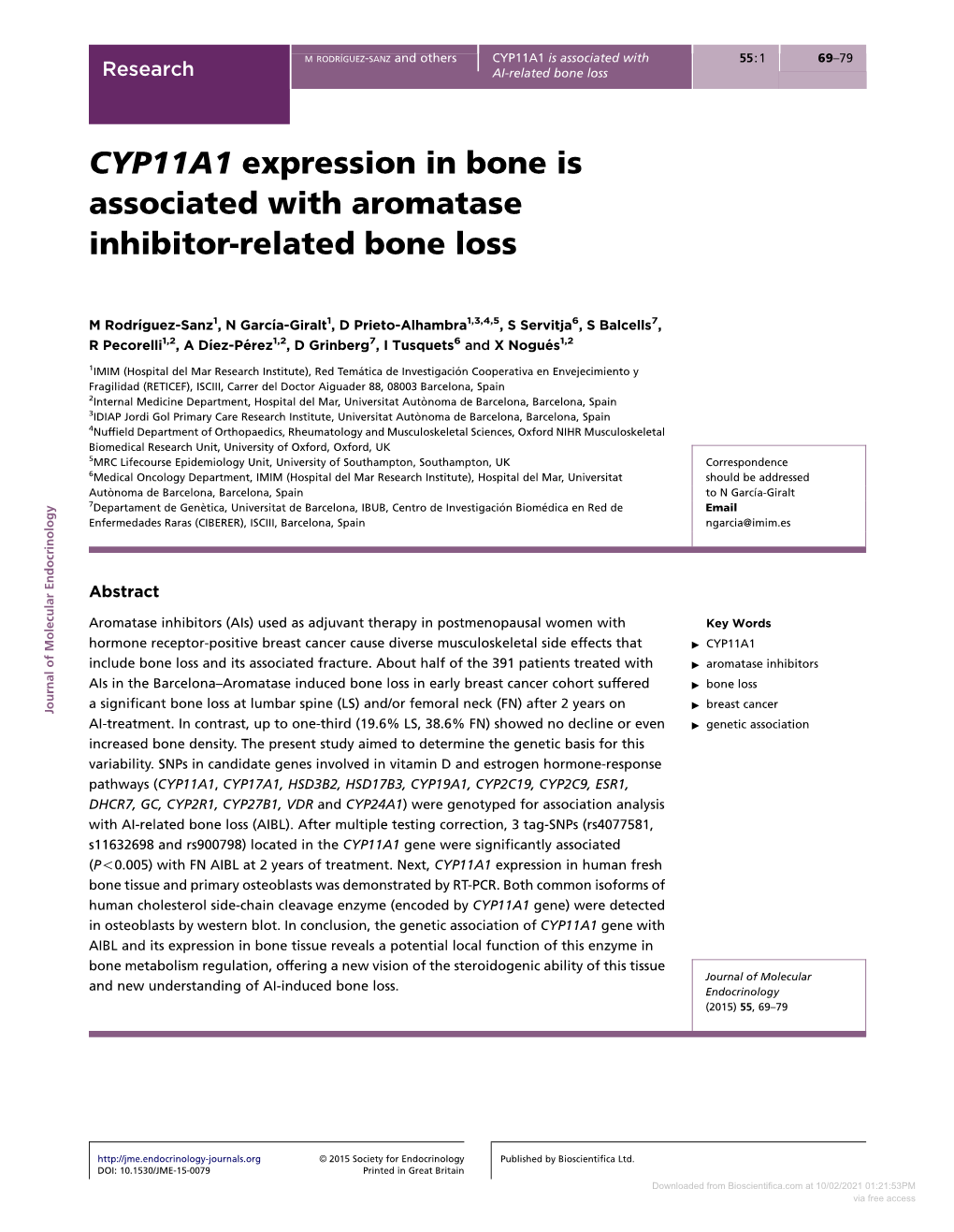 CYP11A1 Expression in Bone Is Associated with Aromatase Inhibitor-Related Bone Loss
