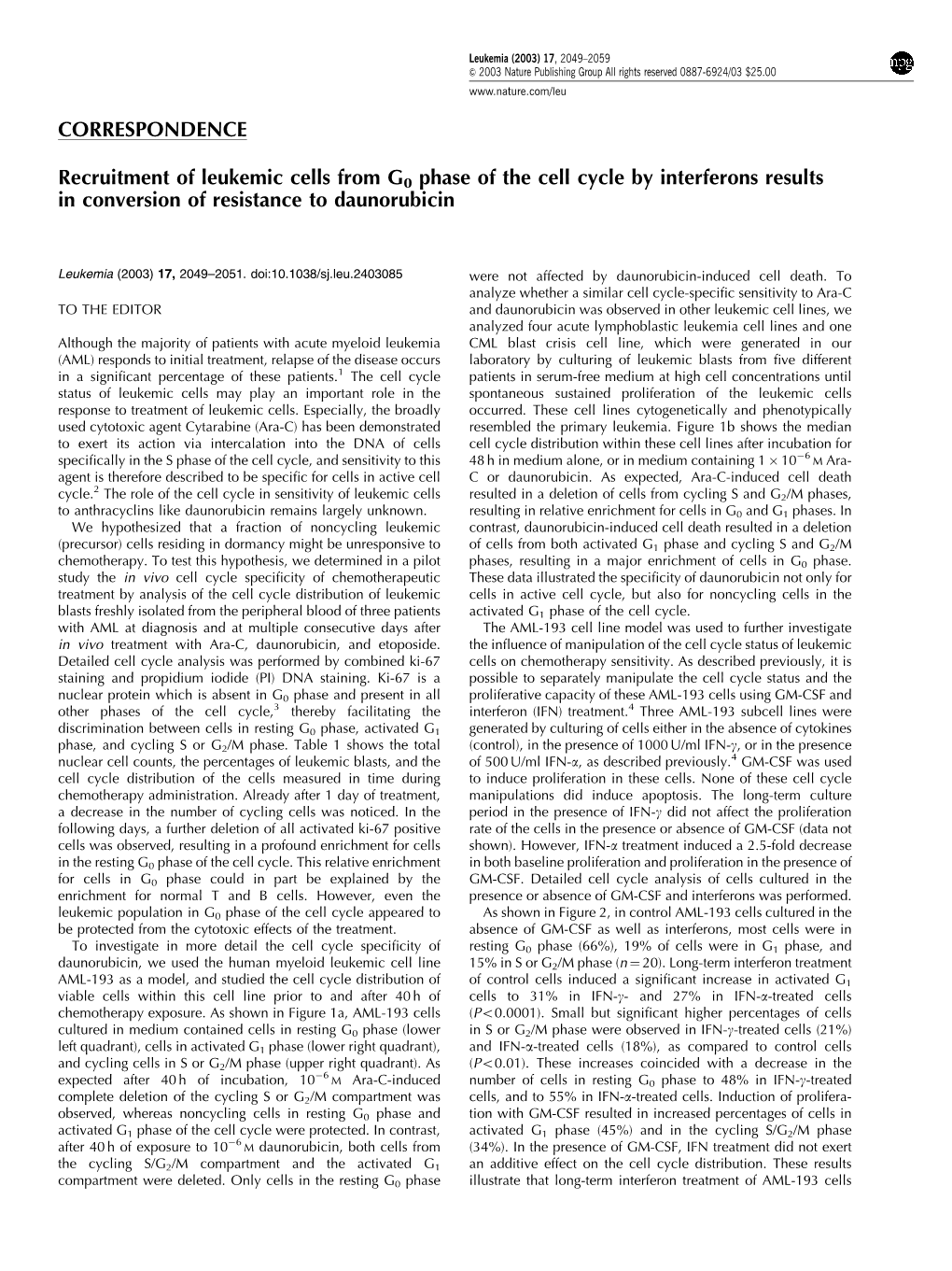 Recruitment of Leukemic Cells from G 0 Phase of the Cell Cycle By