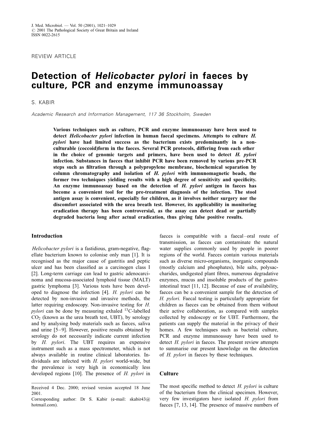 Detection of Helicobacter Pylori in Faeces by Culture, PCR and Enzyme Immunoassay