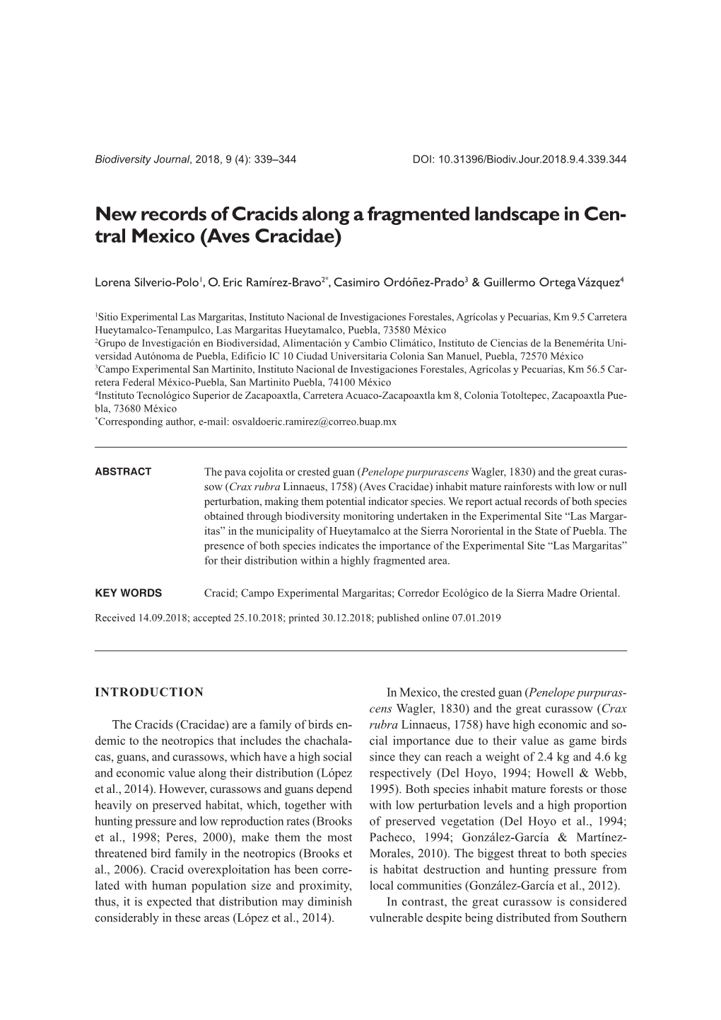 New Records of Cracids Along a Fragmented Landscape in Cen- Tral