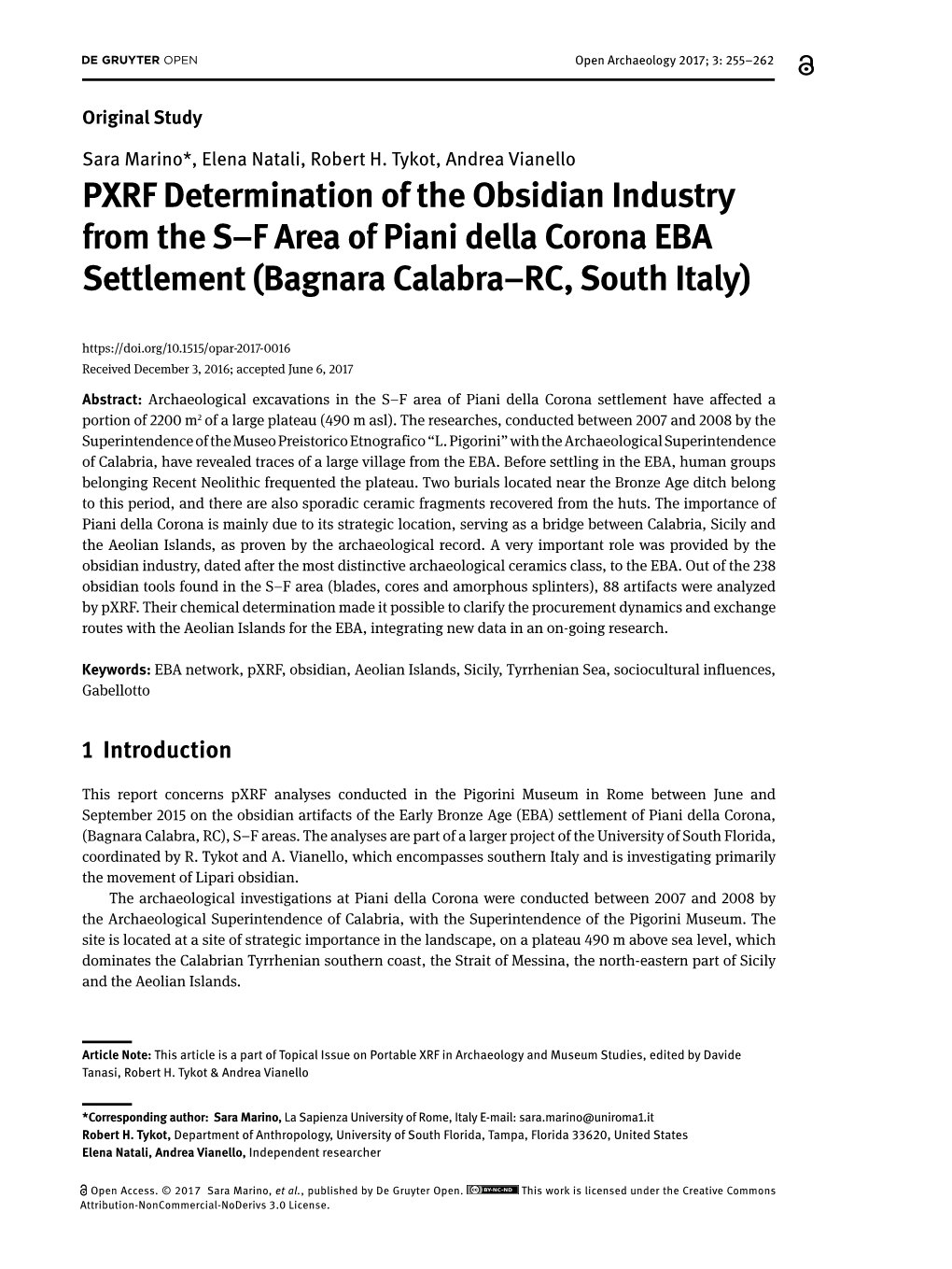 PXRF Determination of the Obsidian Industry from the S–F Area of Piani Della Corona EBA Settlement (Bagnara Calabra–RC, South Italy)
