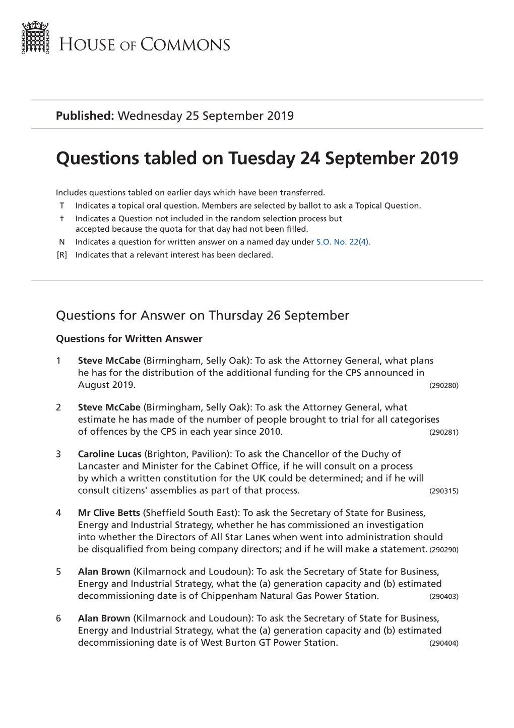 Questions Tabled on Tue 24 Sep 2019