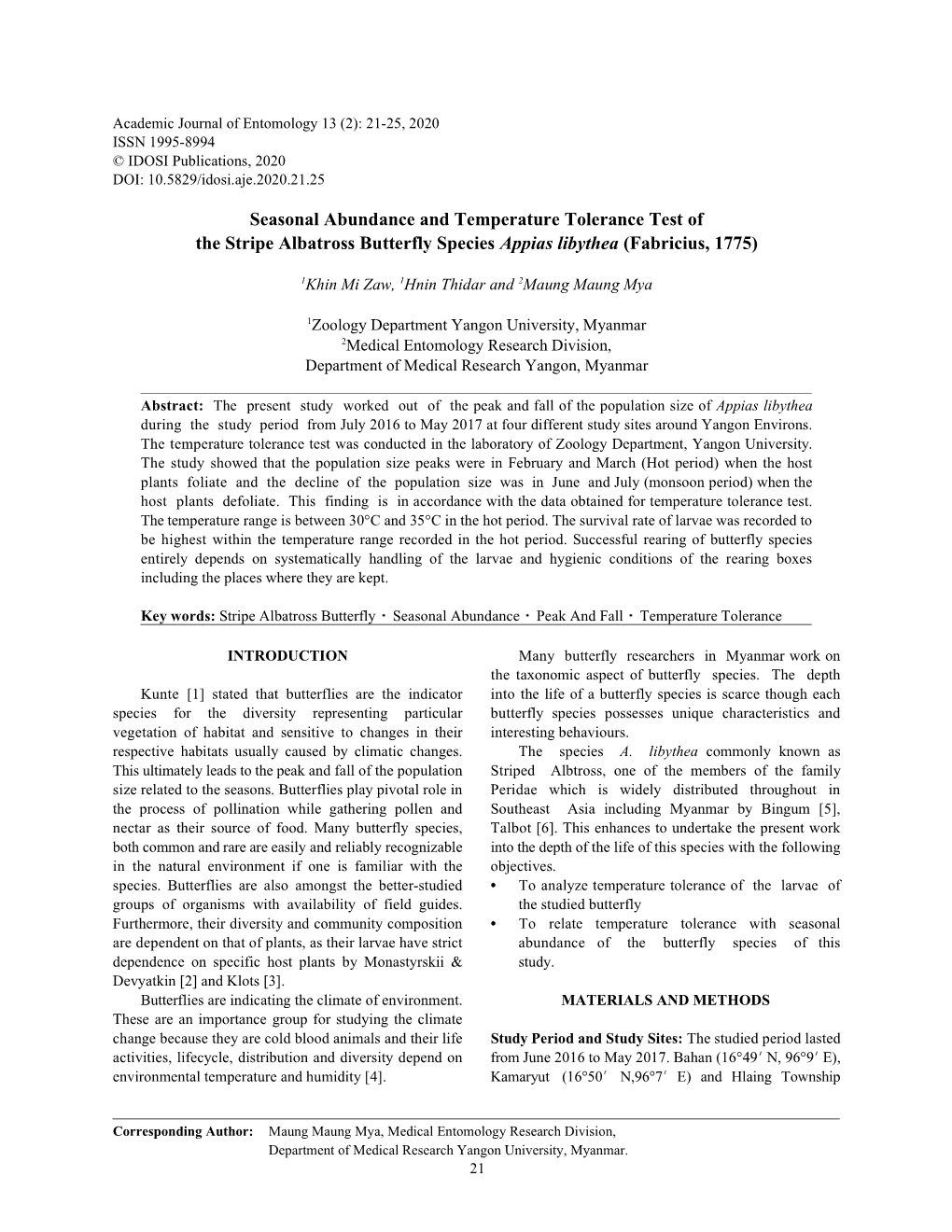 Seasonal Abundance and Temperature Tolerance Test of the Stripe Albatross Butterfly Species Appias Libythea (Fabricius, 1775)