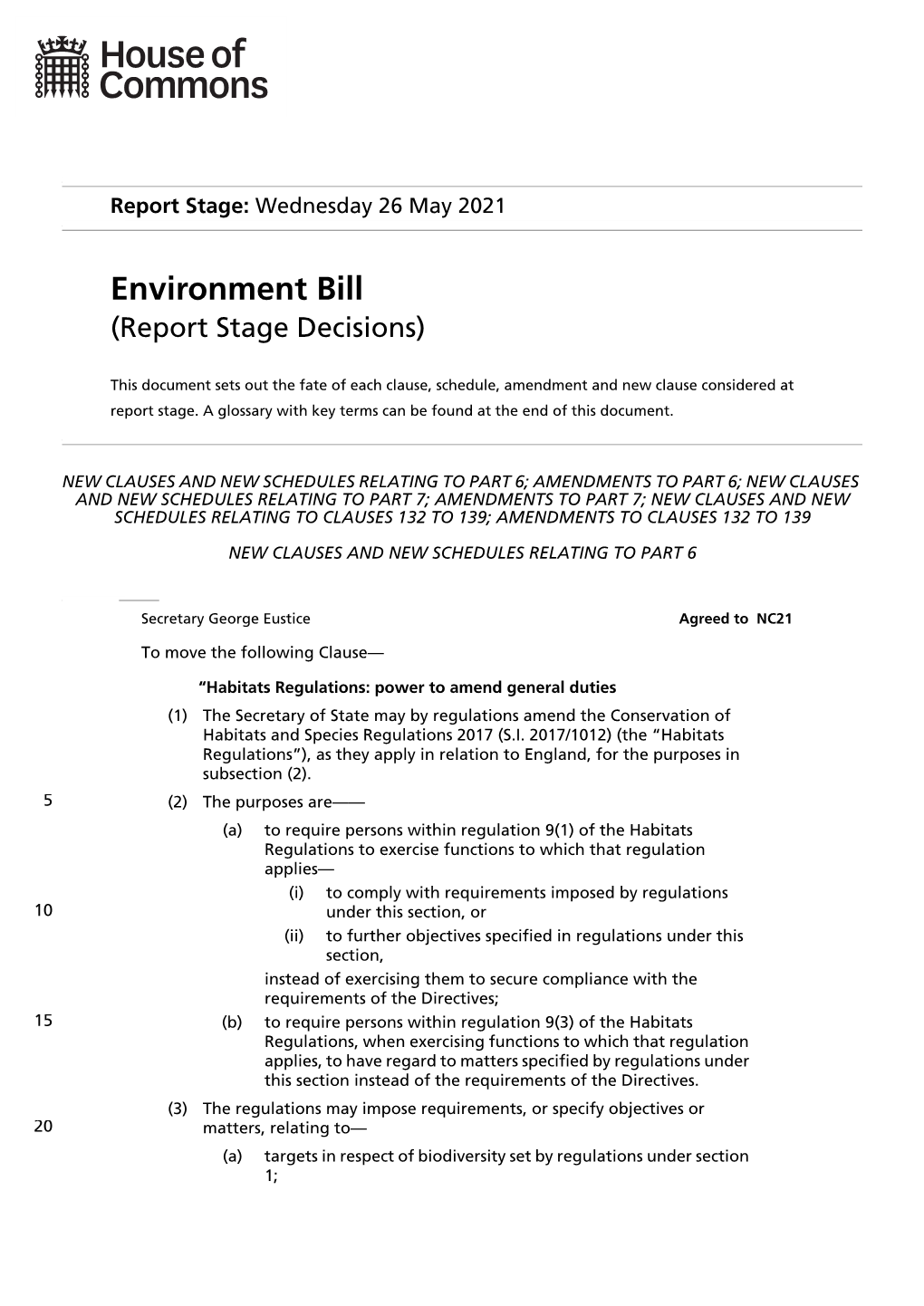 Environment Bill (Report Stage Decisions)