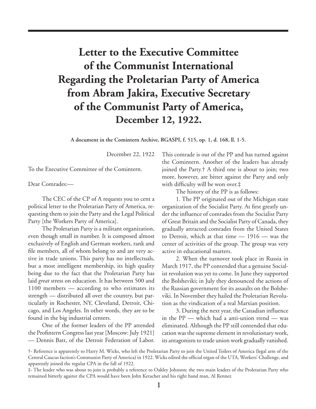 Letter to the Executive Committee of the Communist International