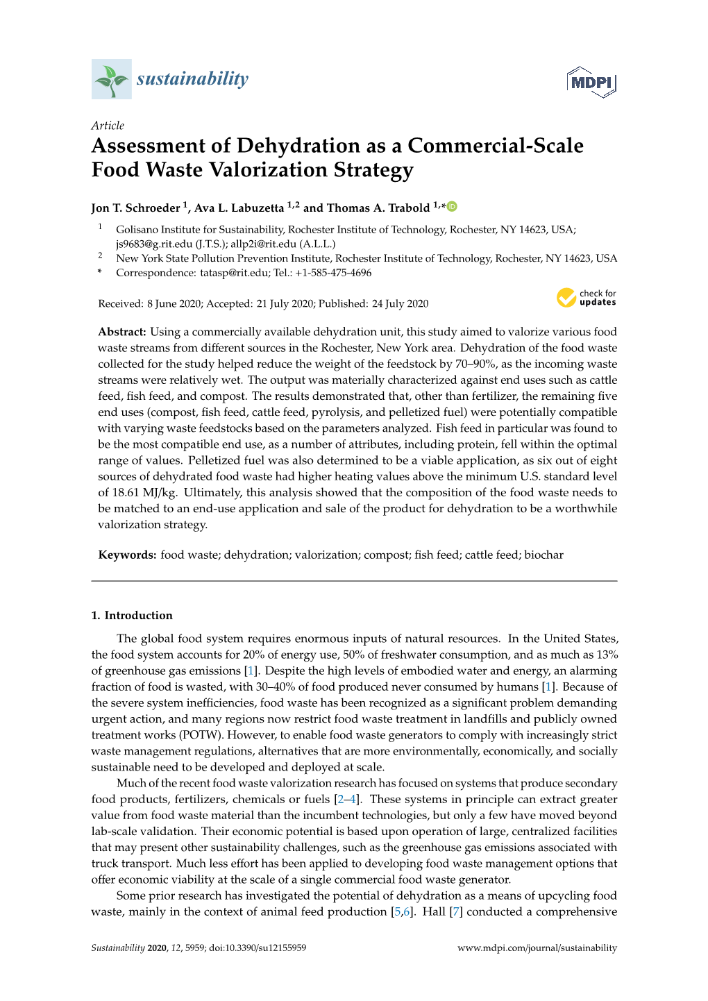 Assessment of Dehydration As a Commercial-Scale Food Waste Valorization Strategy