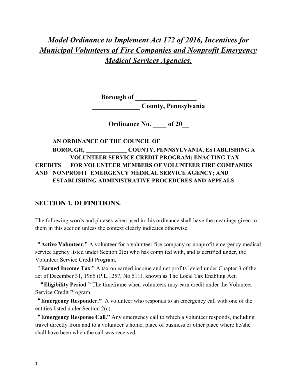 Model Ordinance to Implement Act 172 of 2016, Incentives for Municipal Volunteers of Fire