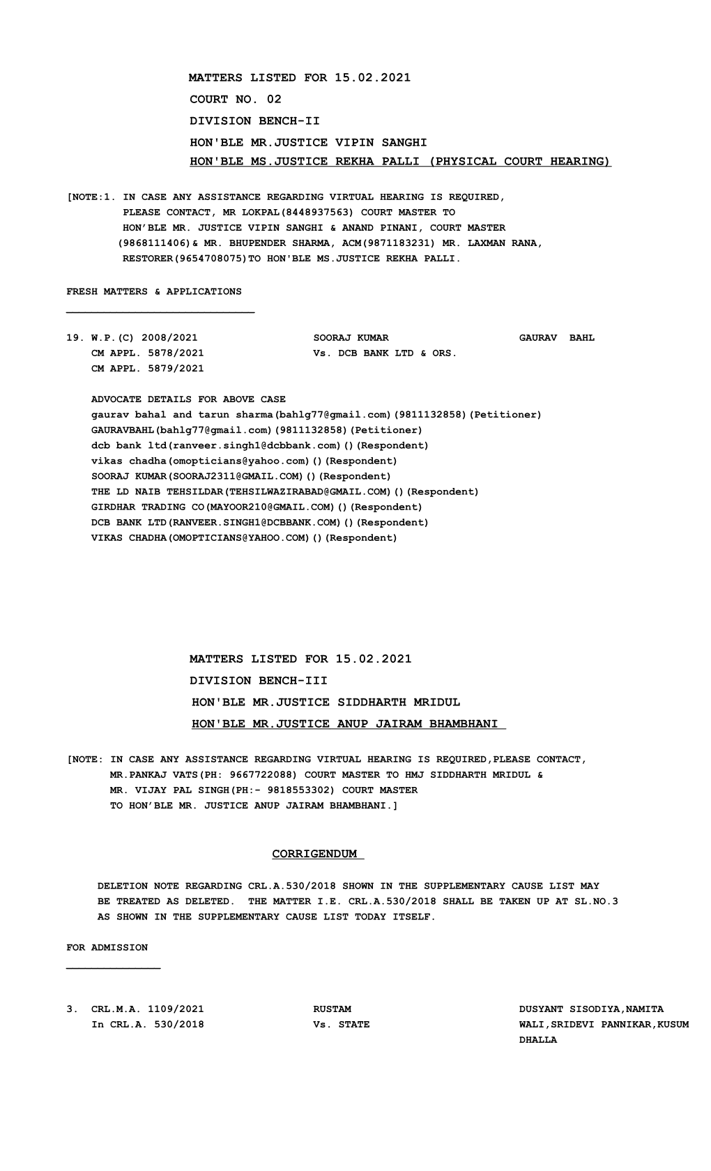 Matters Listed for 15.02.2021 Court No. 02 Division Bench-Ii Hon'ble Mr.Justice Vipin Sanghi Hon'ble Ms.Justice Rekha Palli (Physical Court Hearing)