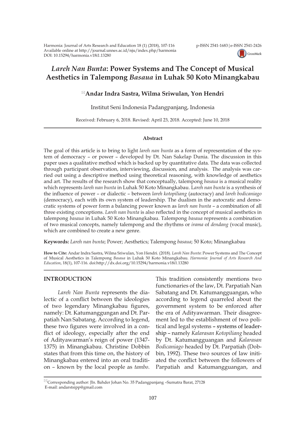 Lareh Nan Bunta: Power Systems and the Concept of Musical Aesthetics in Talempong Basaua in Luhak 50 Koto Minangkabau