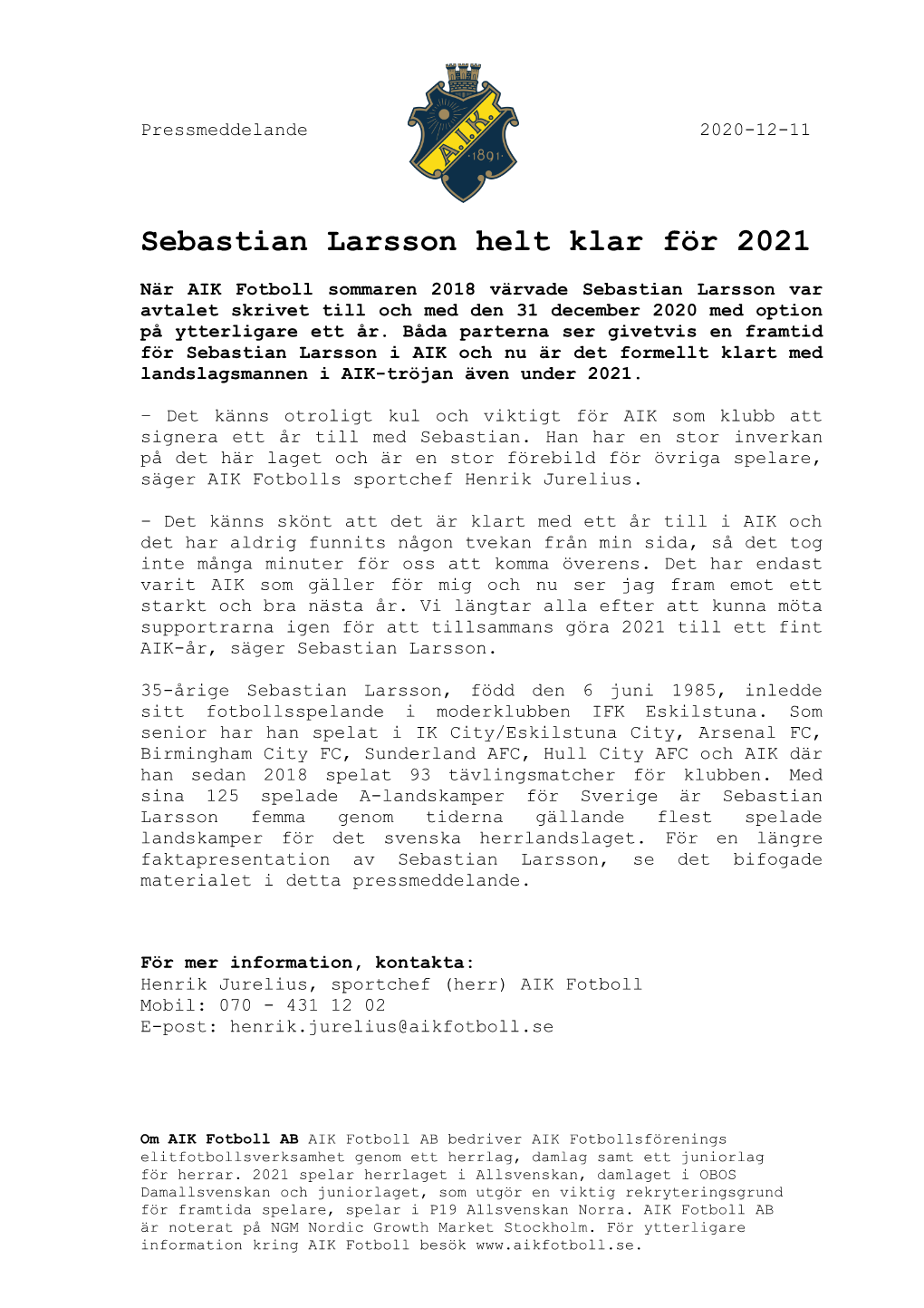 Sebastian Larsson Helt Klar För 2021