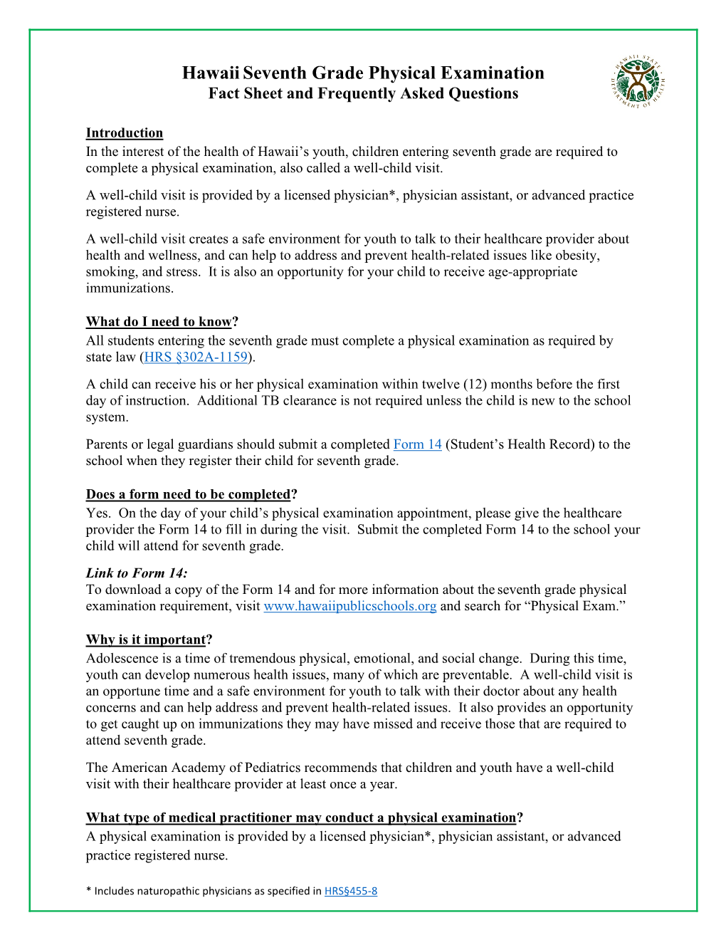 Hawaiiseventh Grade Physical Examination