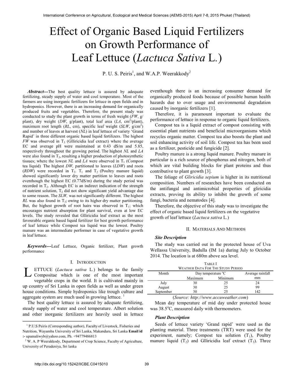 Effect of Organic Based Liquid Fertilizers on Growth Performance of Leaf Lettuce (Lactuca Sativa L.)