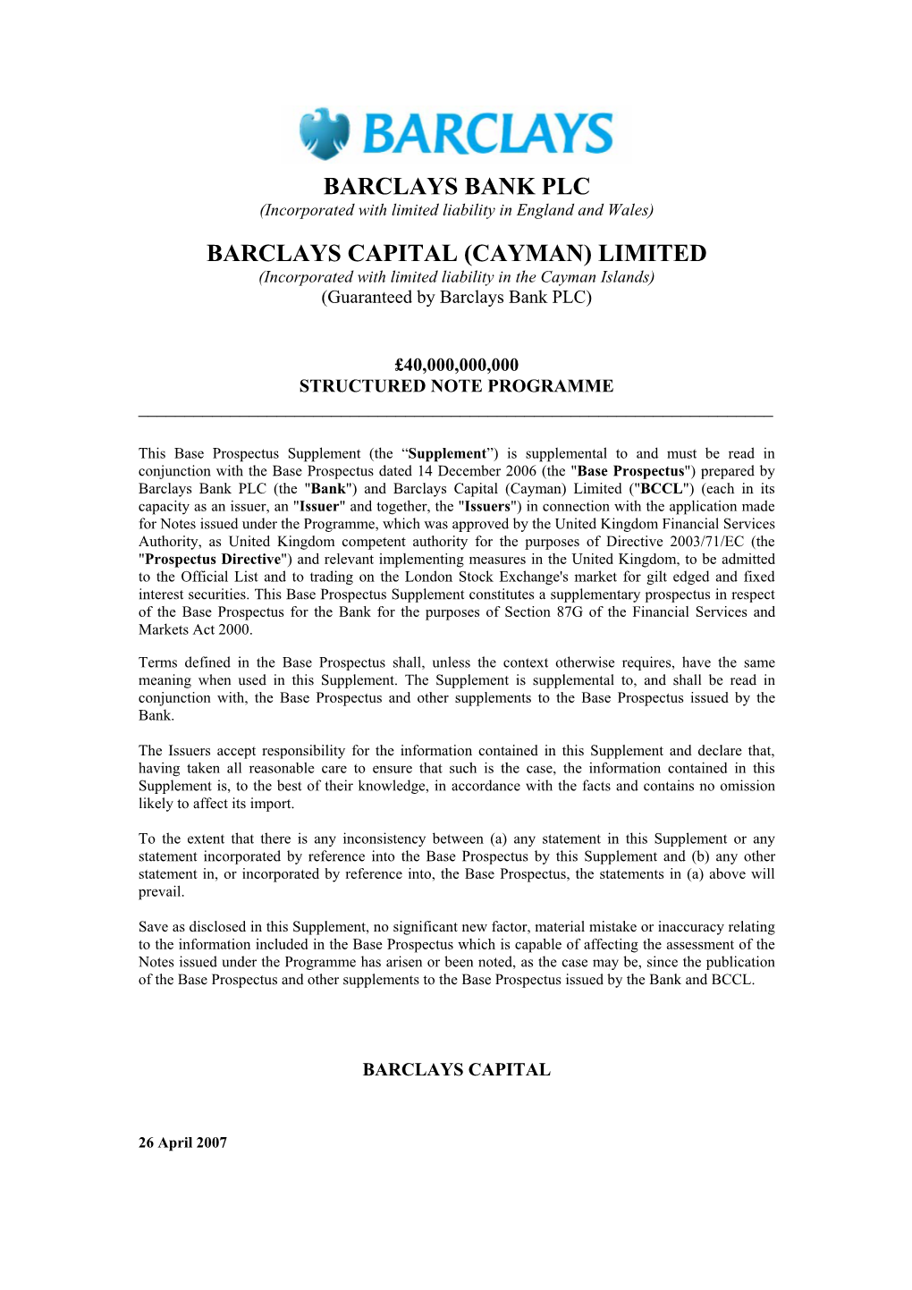 Barclays Bank Plc Barclays Capital (Cayman)