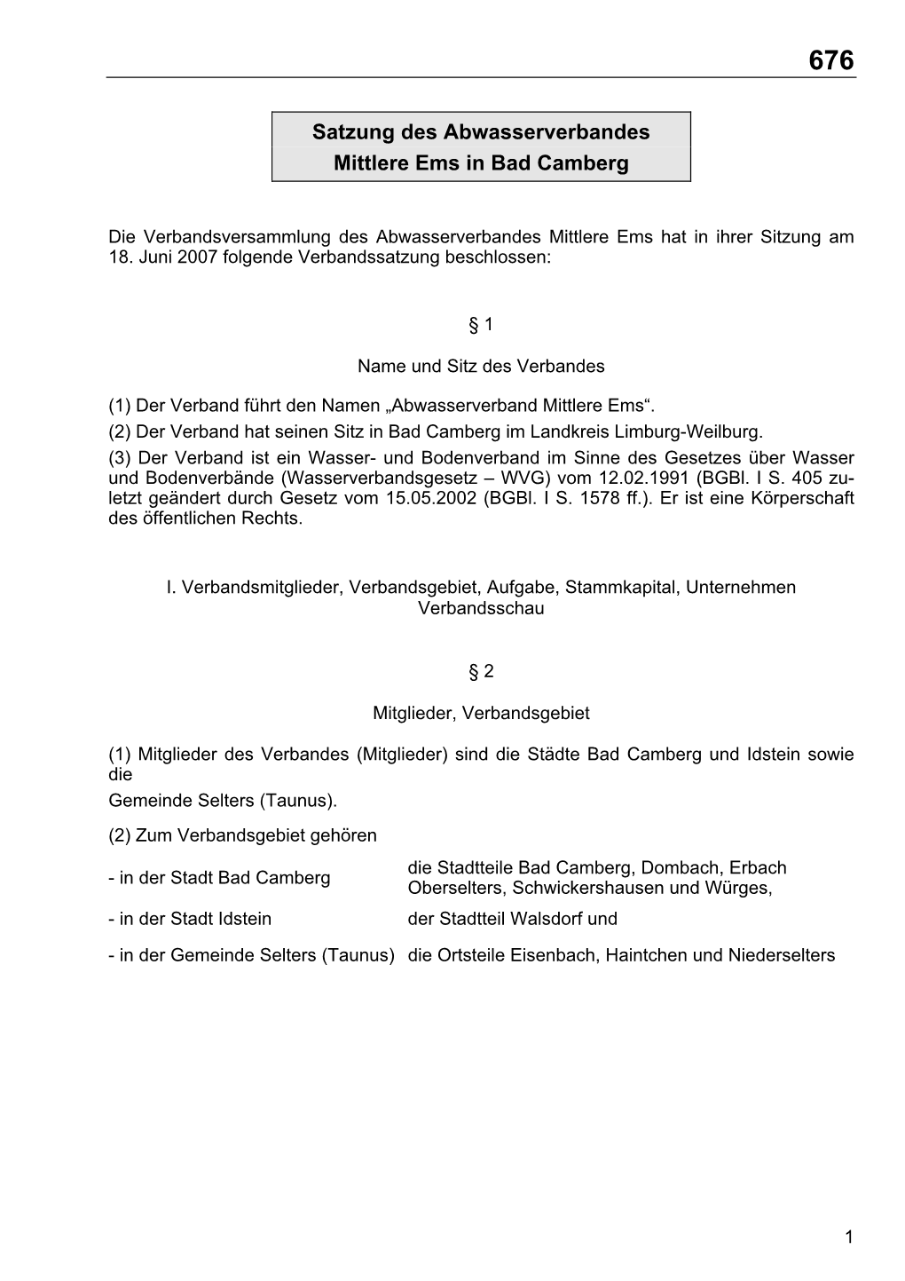 Satzung Des Abwasserverbandes Mittlere Ems in Bad Camberg