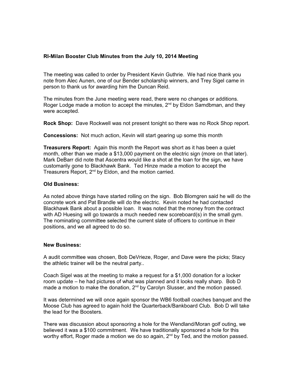 RI-Milan Booster Club Minutes from the April 10, 2008 Meeting