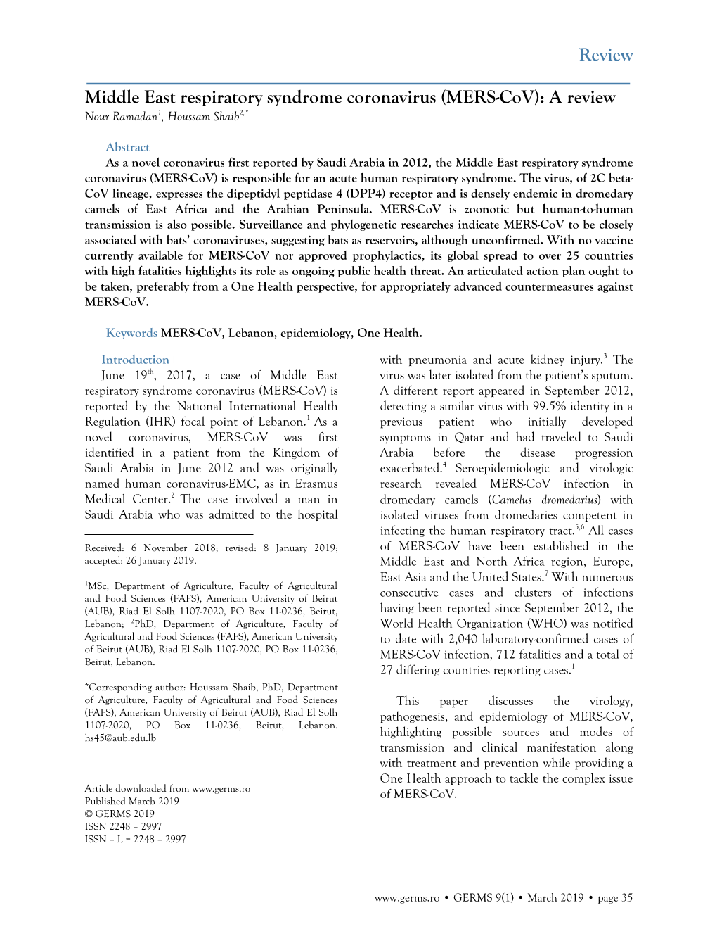 Review Middle East Respiratory Syndrome Coronavirus (MERS-Cov)