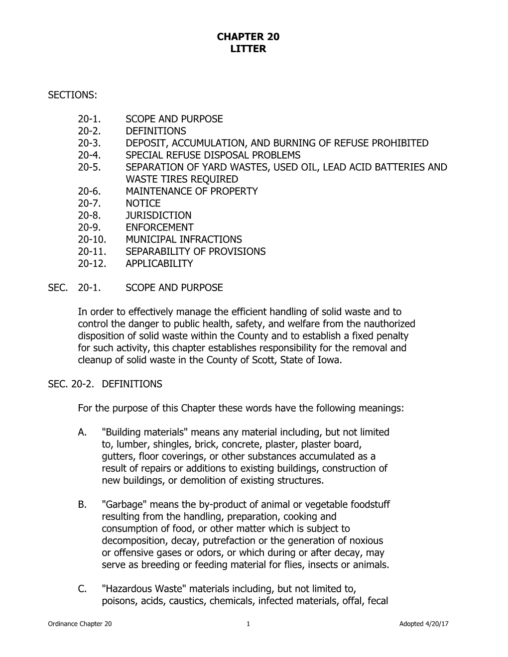 Chapter 20 Litter Sections: 20-1. Scope and Purpose 20-2