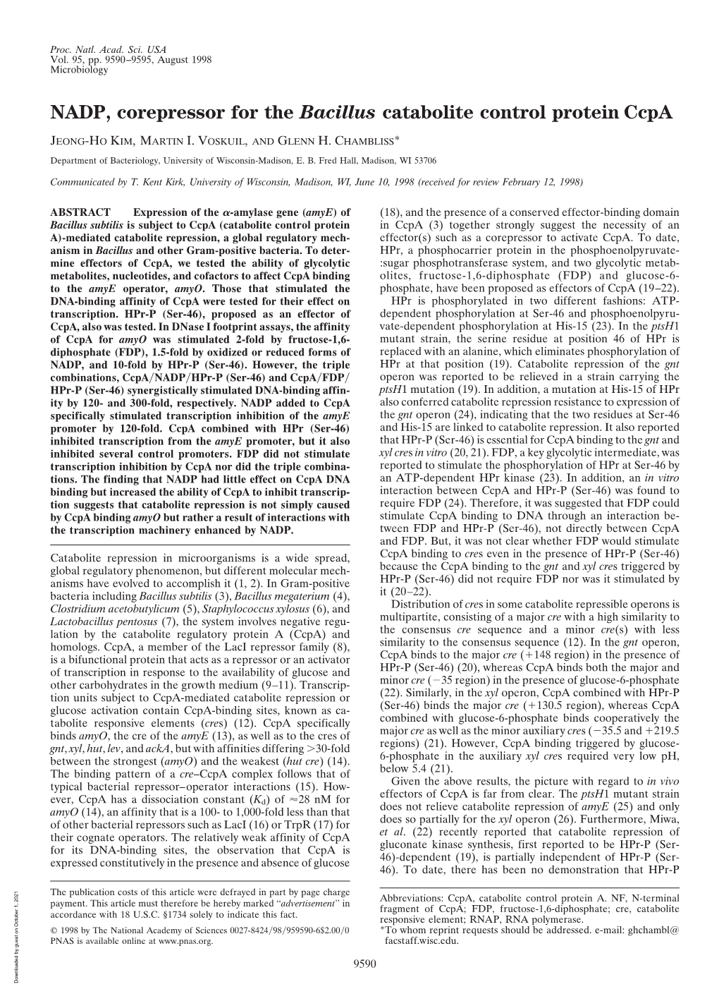 NADP, Corepressor for the Bacillus Catabolite Control Protein Ccpa