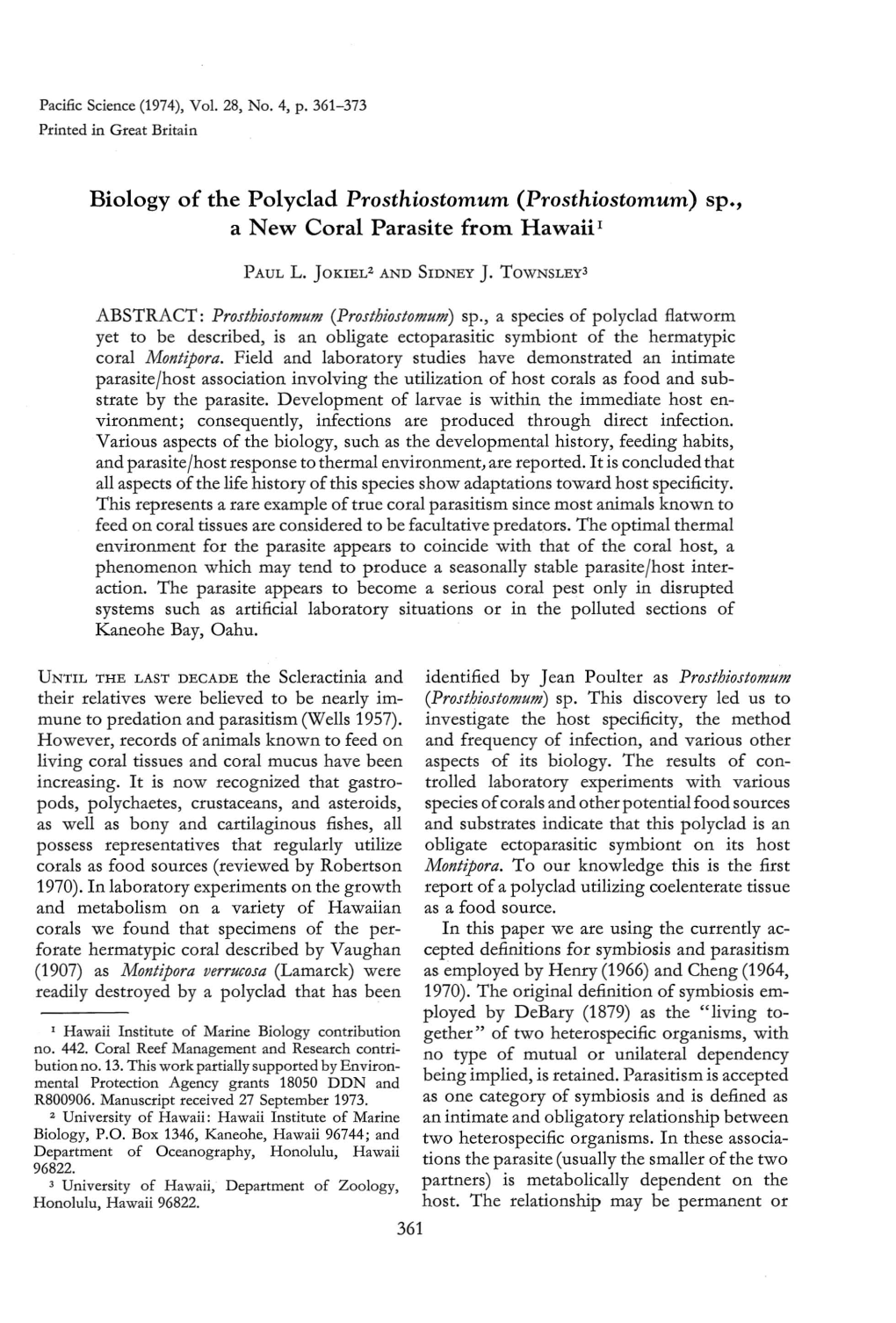 Biology of the Polyclad Prosthiostomum (Prosthiostomum) Sp