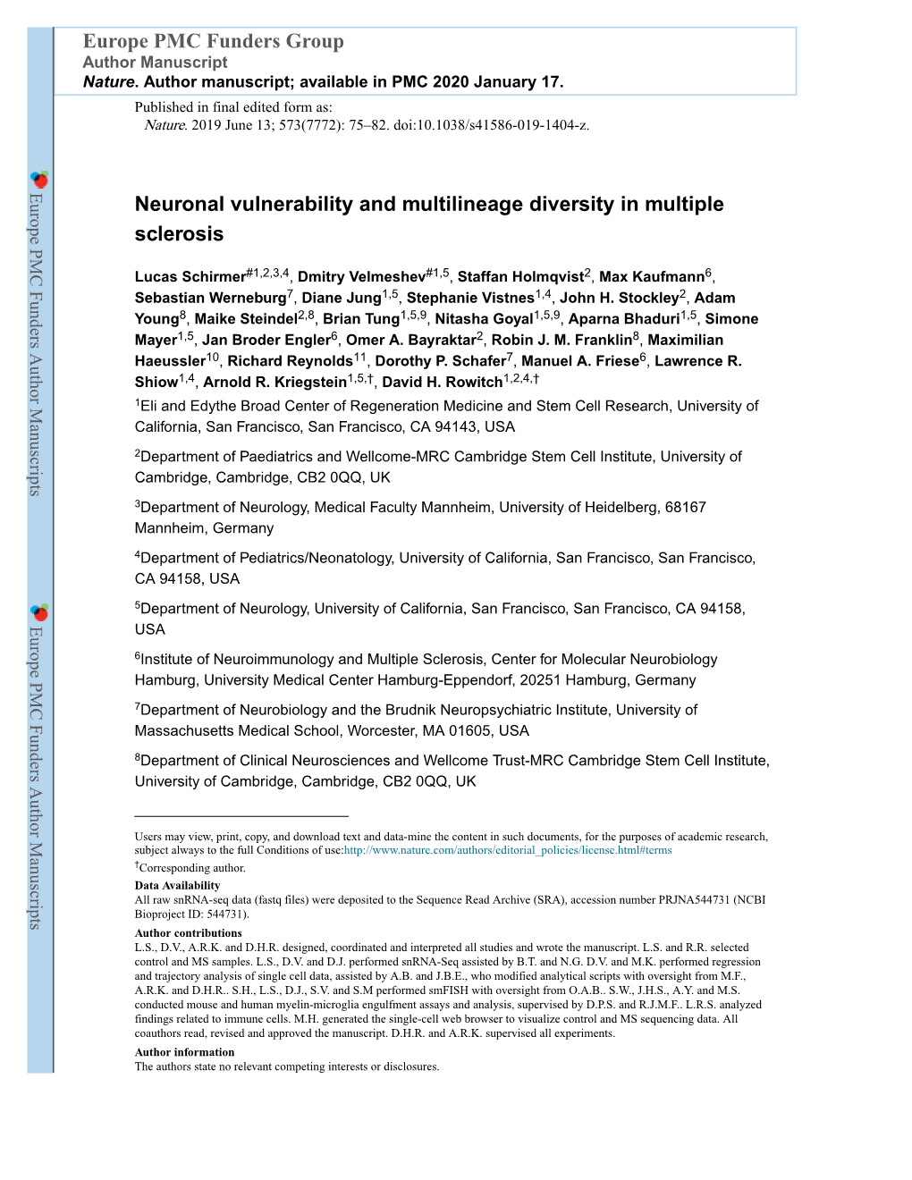 Neuronal Vulnerability and Multilineage Diversity in Multiple Sclerosis