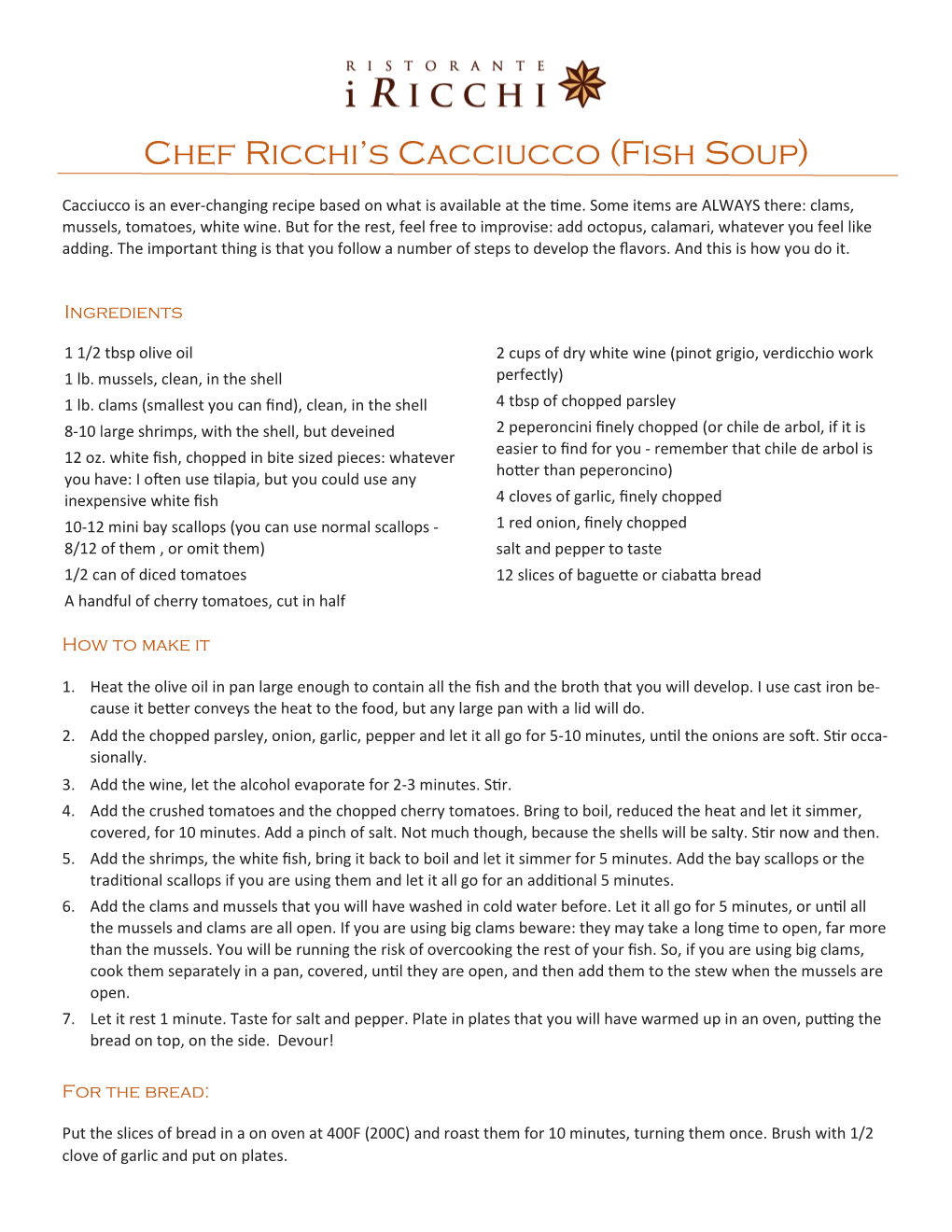 Chef Ricchi's Cacciucco (Fish Soup)