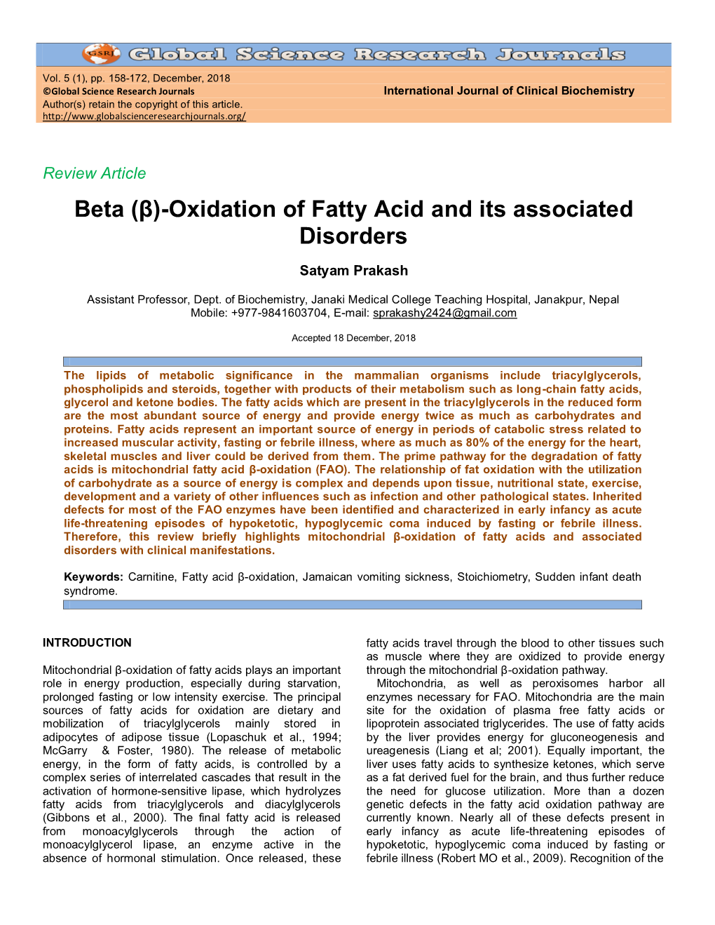 Beta (Β)-Oxidation of Fatty Acid and Its Associated Disorders