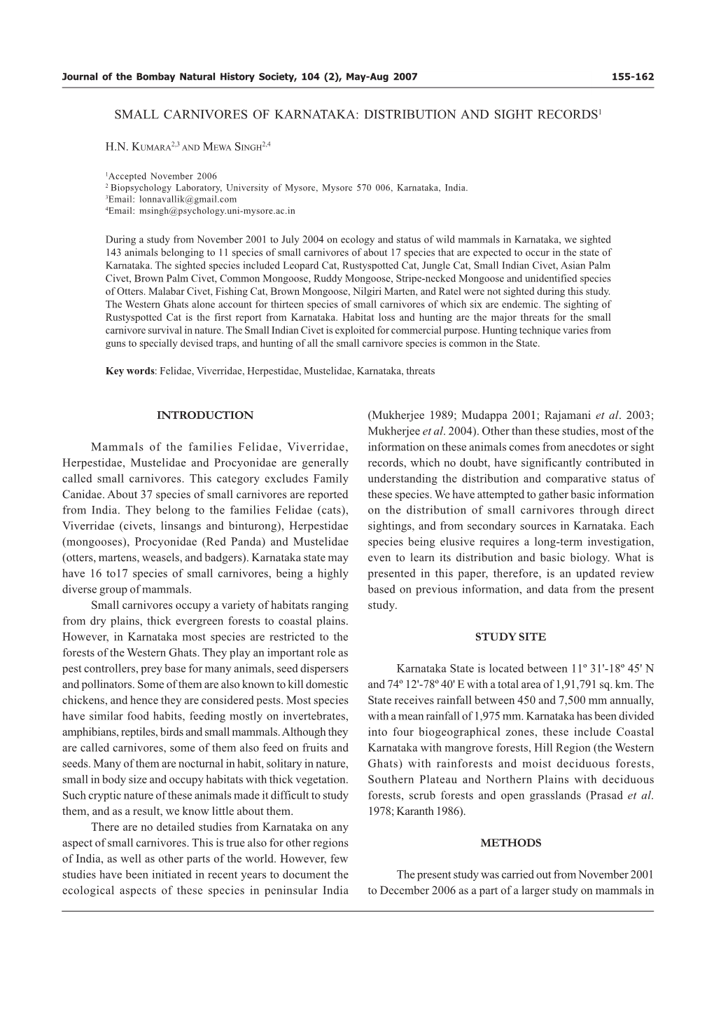 Small Carnivores of Karnataka: Distribution and Sight Records1