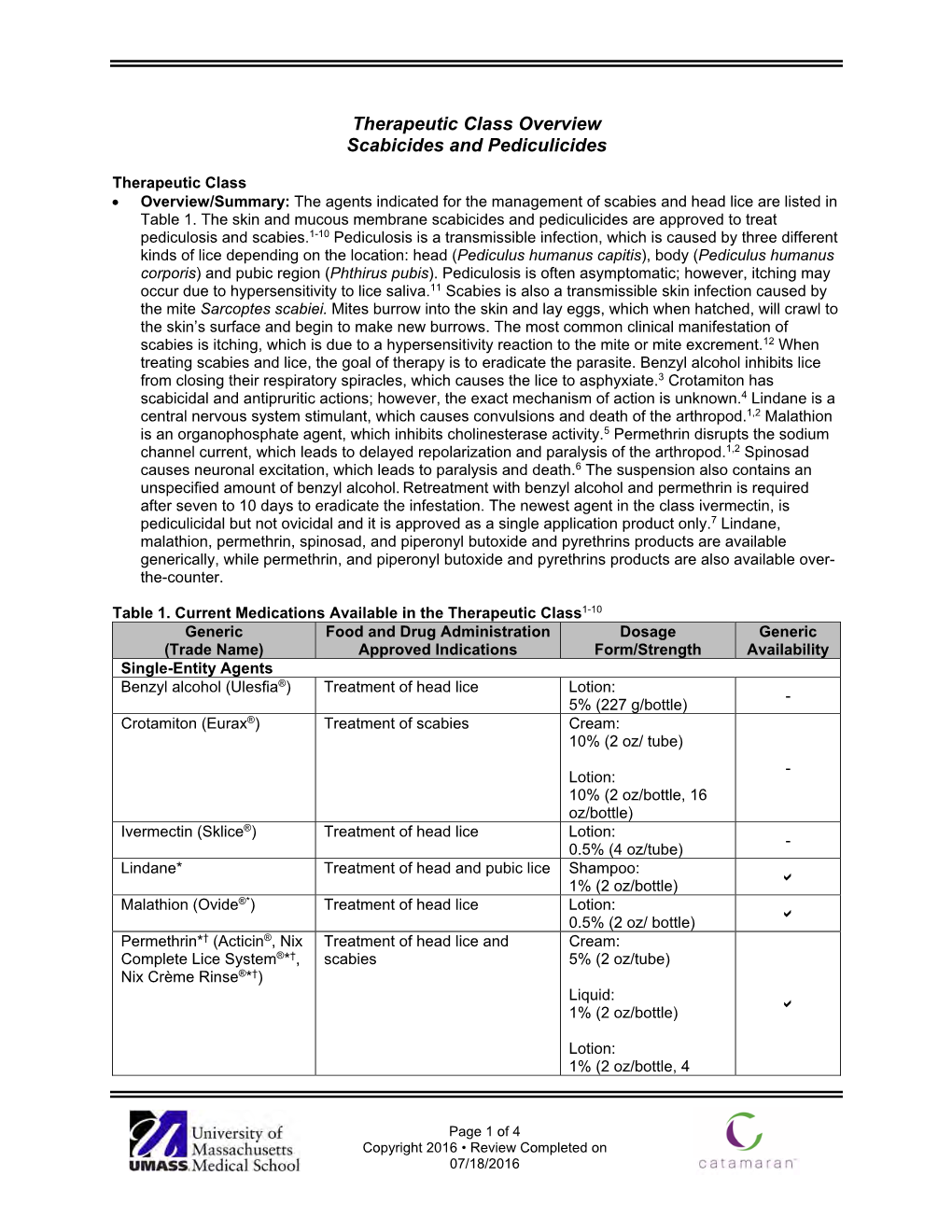 Therapeutic Class Overview Scabicides and Pediculicides