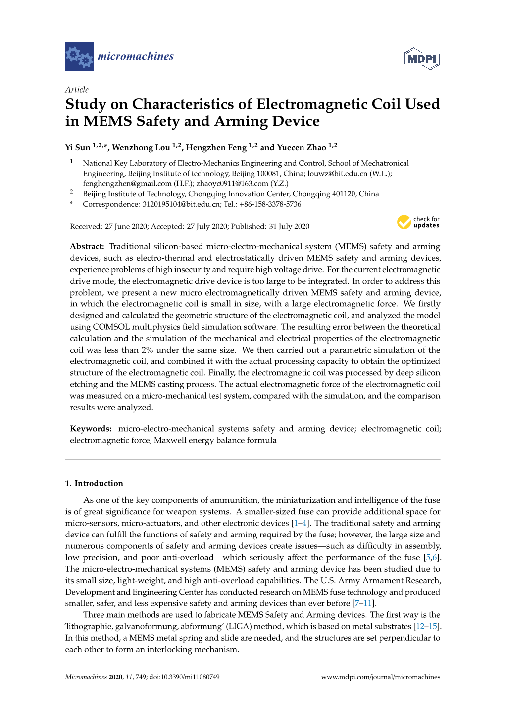 Study on Characteristics of Electromagnetic Coil Used in MEMS Safety and Arming Device