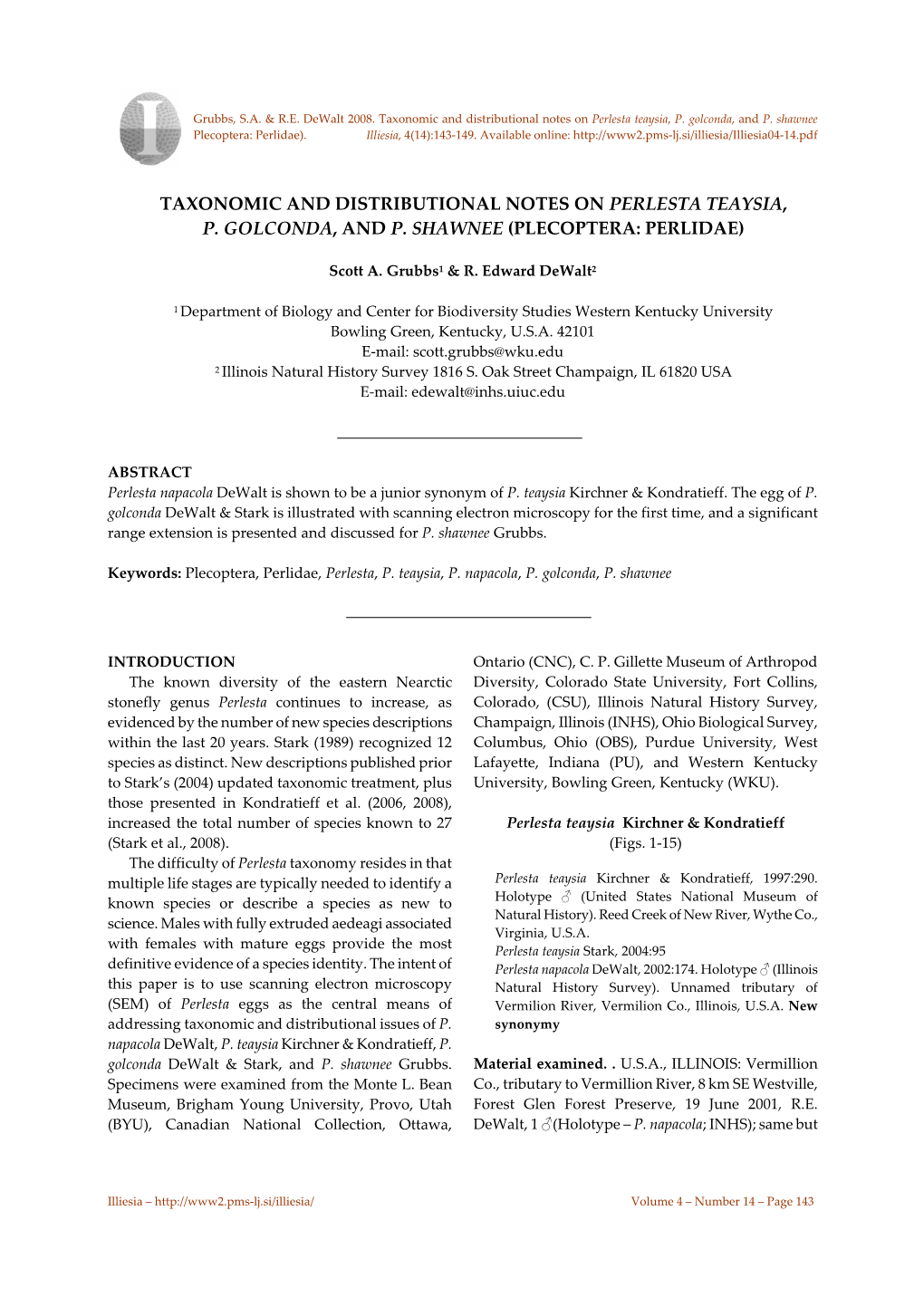 Taxonomic and Distributional Notes on Perlesta Teaysia, P