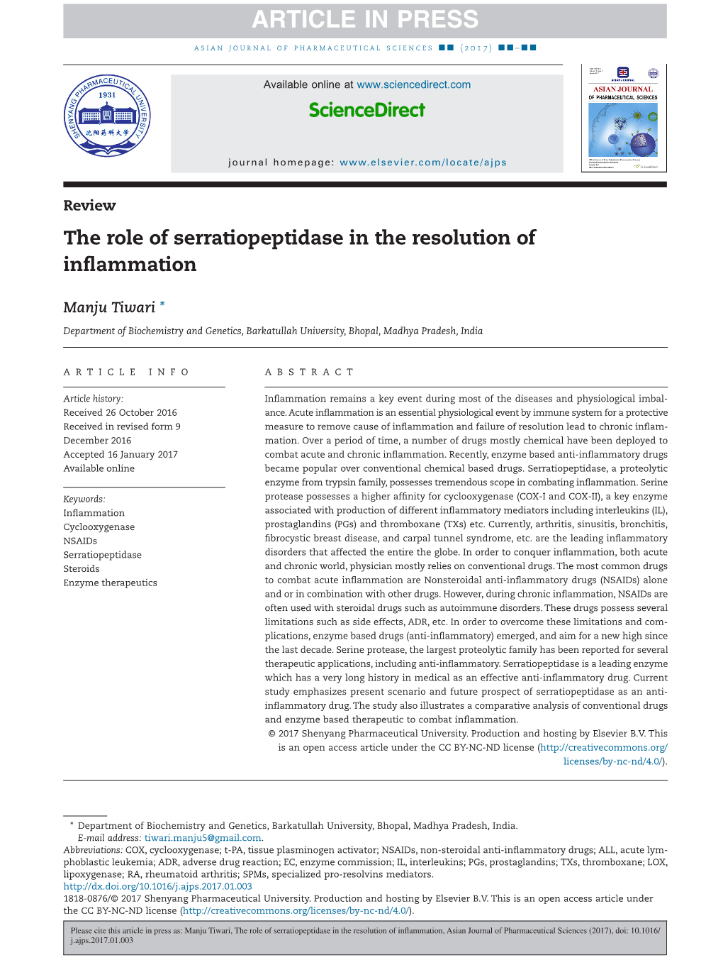 The Role of Serratiopeptidase in the Resolution of Inflammation