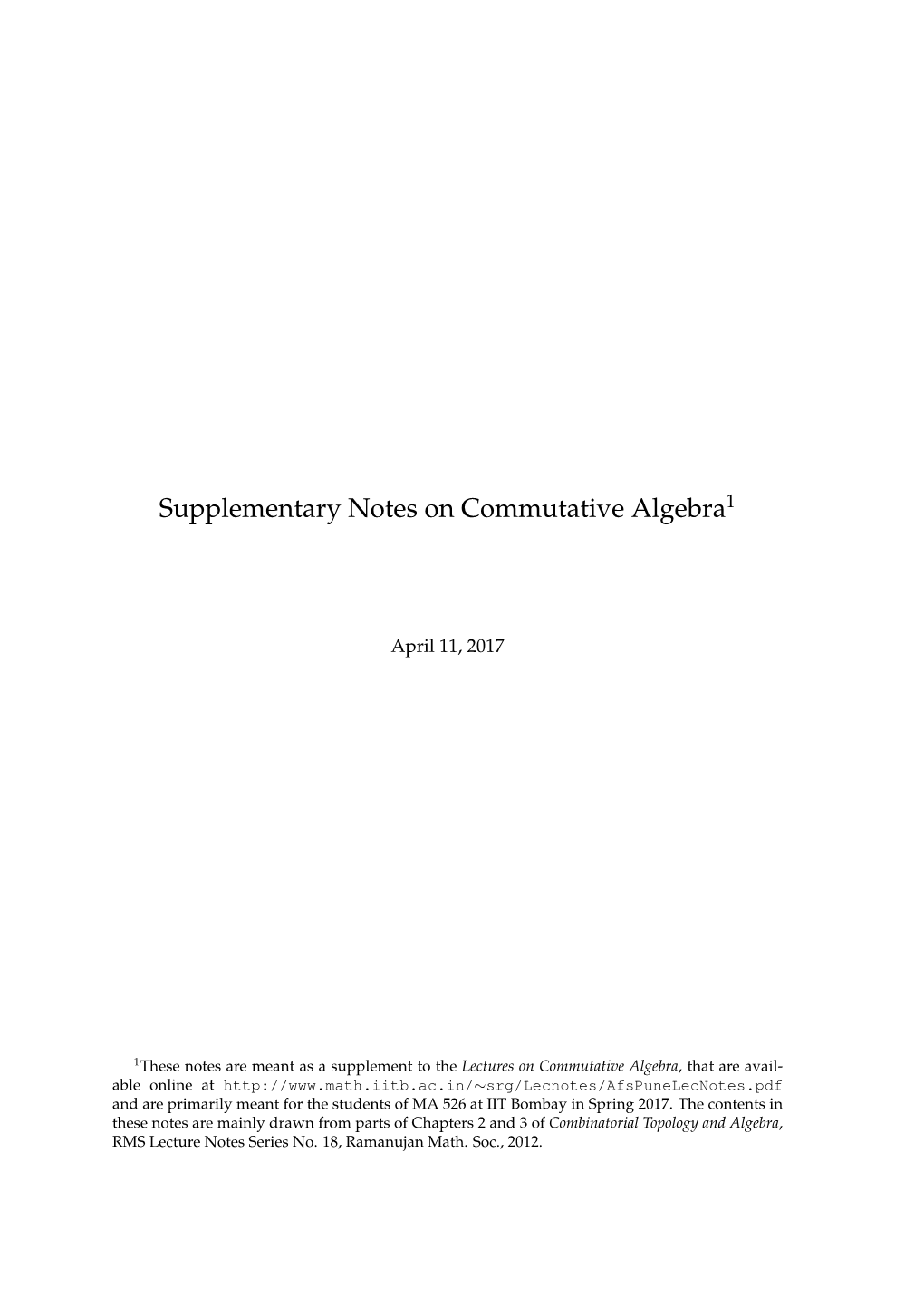 Supplementary Notes on Commutative Algebra1