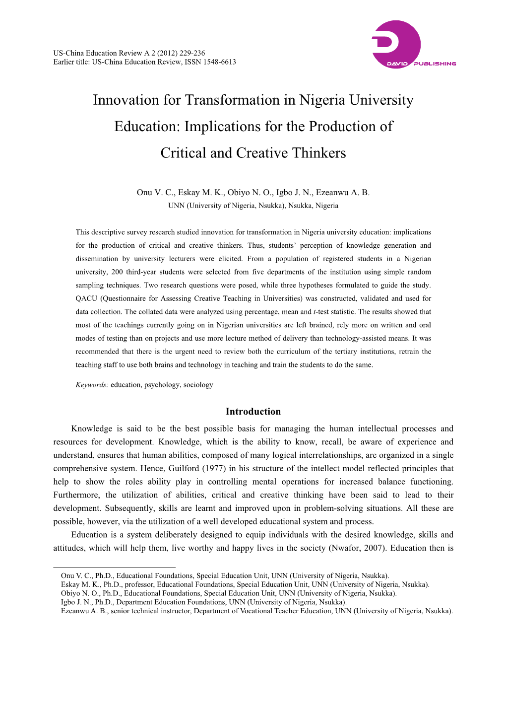 Innovation for Transformation in Nigeria University Education: Implications for the Production of Critical and Creative Thinkers