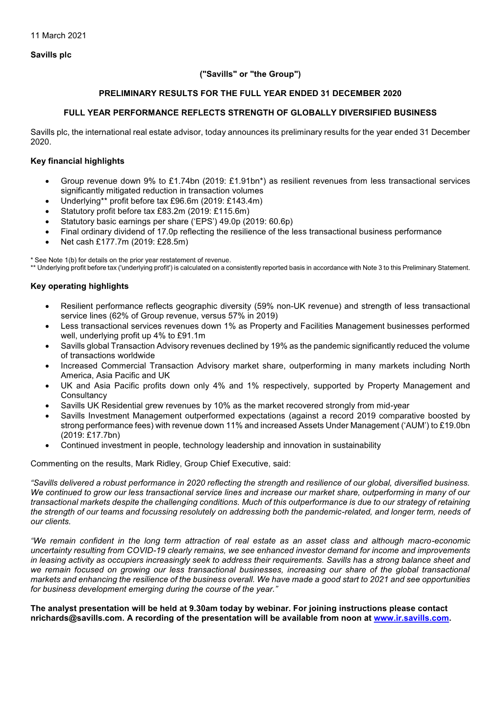 11 March 2021 Savills Plc (