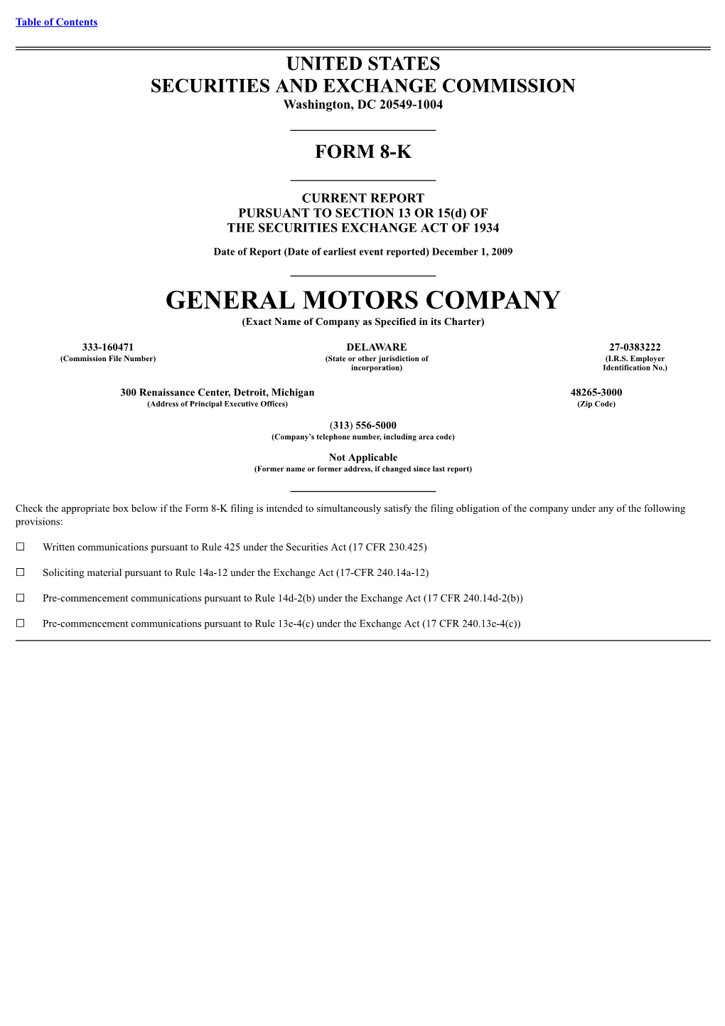 GENERAL MOTORS COMPANY (Exact Name of Company As Specified in Its Charter)