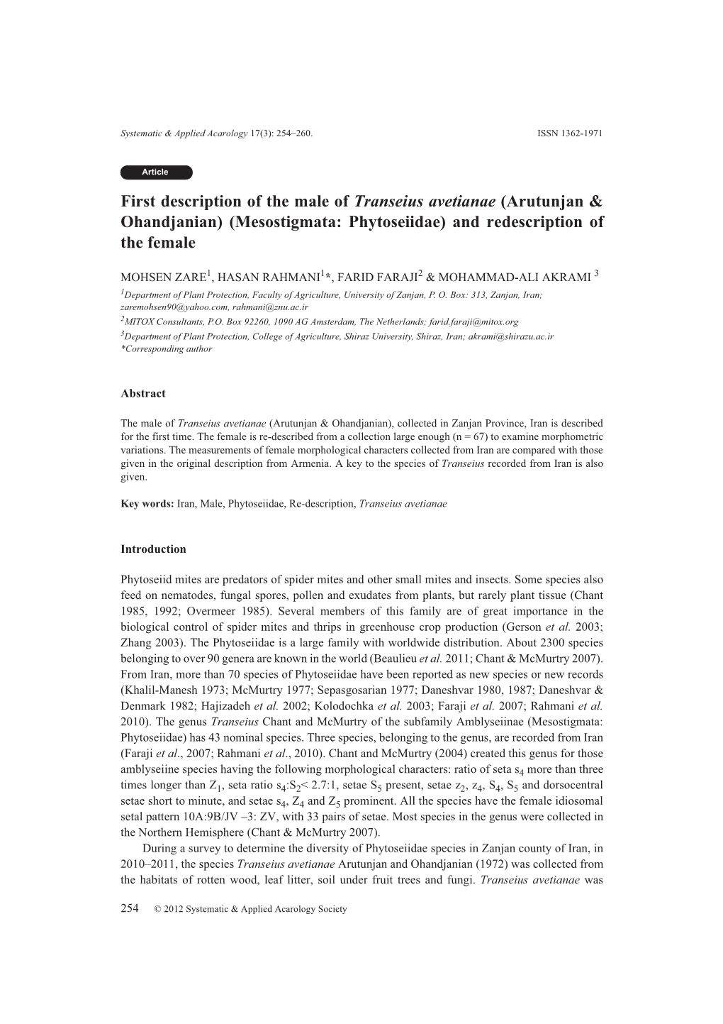 Mesostigmata: Phytoseiidae) and Redescription of the Female