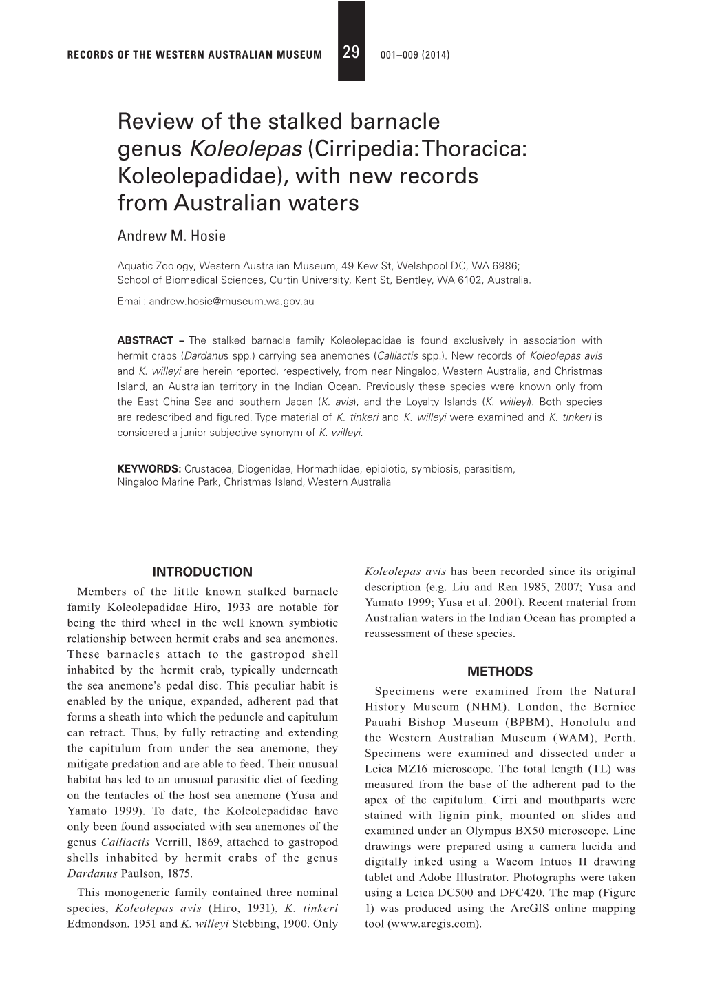 Cirripedia: Thoracica: Koleolepadidae), with New Records from Australian Waters Andrew M