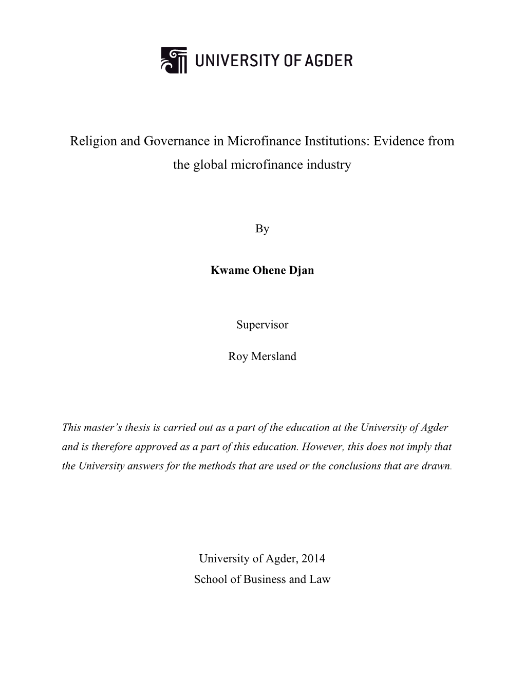 Religion and Governance in Microfinance Institutions: Evidence from the Global Microfinance Industry