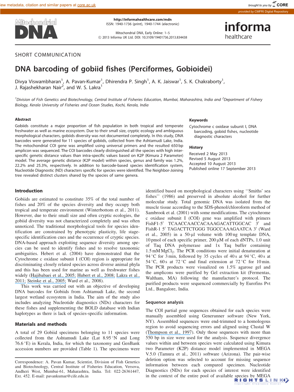 DNA Barcoding of Gobiid Fishes (Perciformes, Gobioidei)