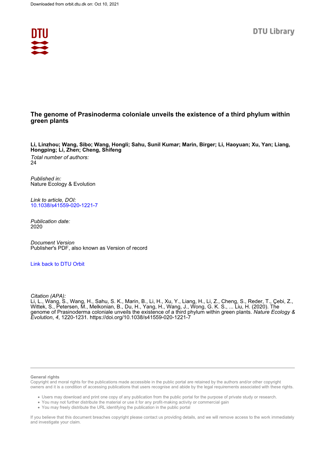 The Genome of Prasinoderma Coloniale Unveils the Existence of a Third Phylum Within Green Plants