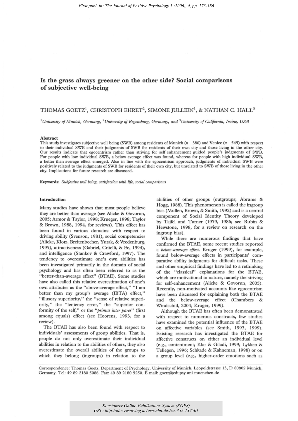 Social Comparisons of Subjective Well-Being