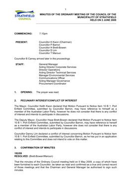 Minutes of the Ordinary Meeting of the Council of the Municipality of Strathfield Held on 2 June 2009