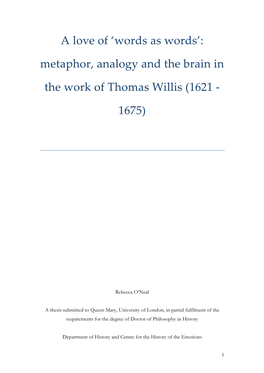 Metaphor, Analogy and the Brain in the Work of Thomas Willis